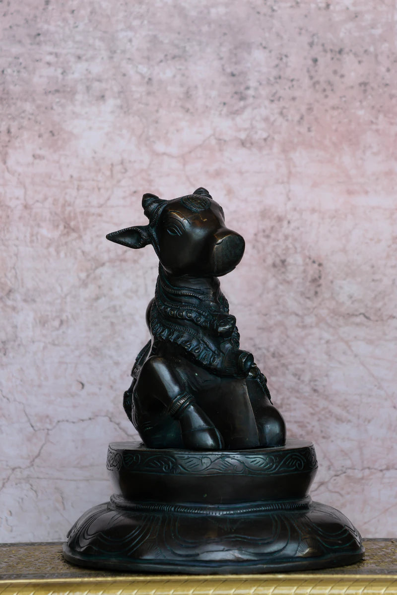 10″ Nandhi with Base | Handcrafted Brass | Antique Green Finish — view 3