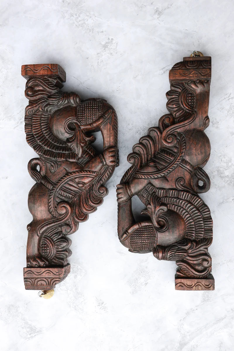 18″ Ornate Gajayazhi Wall Brackets for Home Décor | Handcrafted Wood Carving