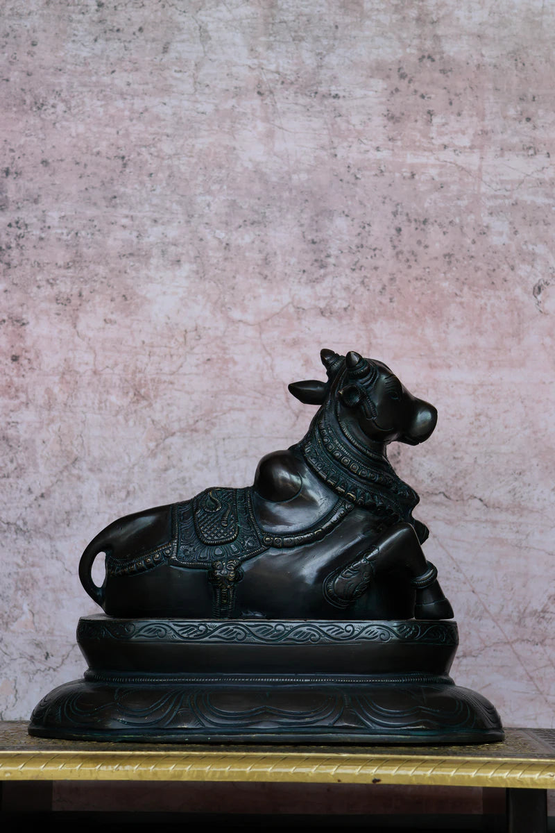 10″ Nandhi with Base | Handcrafted Brass | Antique Green Finish — view 4