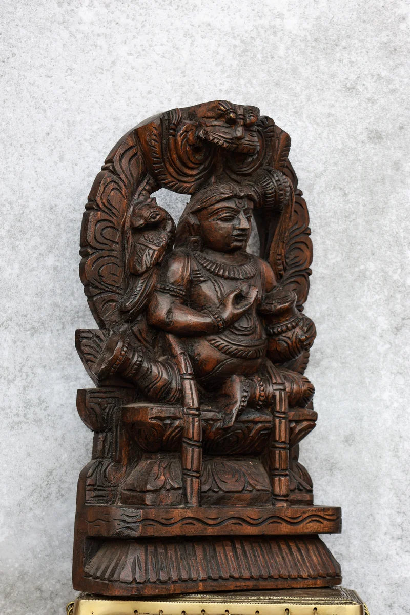 18″ Playful Butter Krishna with Arch for Pooja & Home Décor | Handcrafted Wood Carving