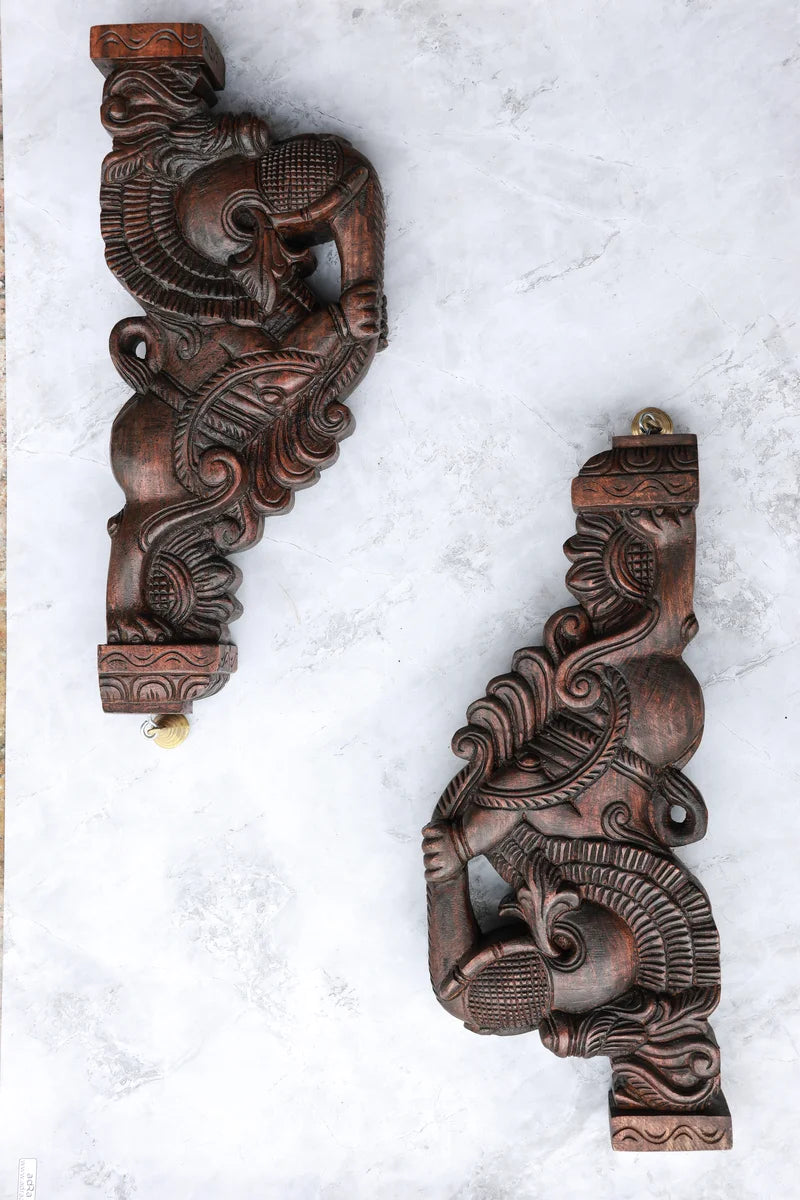 18″ Ornate Gajayazhi Wall Brackets for Home Décor | Handcrafted Wood Carving