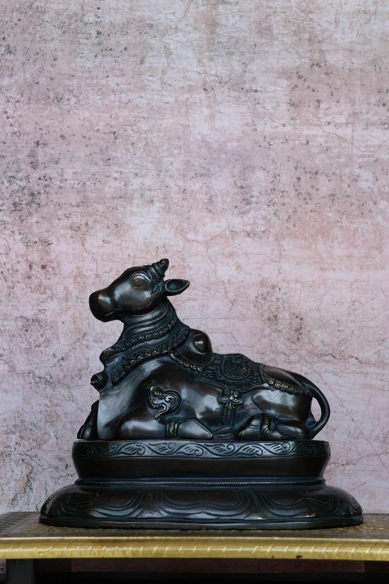 10″ Nandhi with Base | Handcrafted Brass | Antique Green Finish