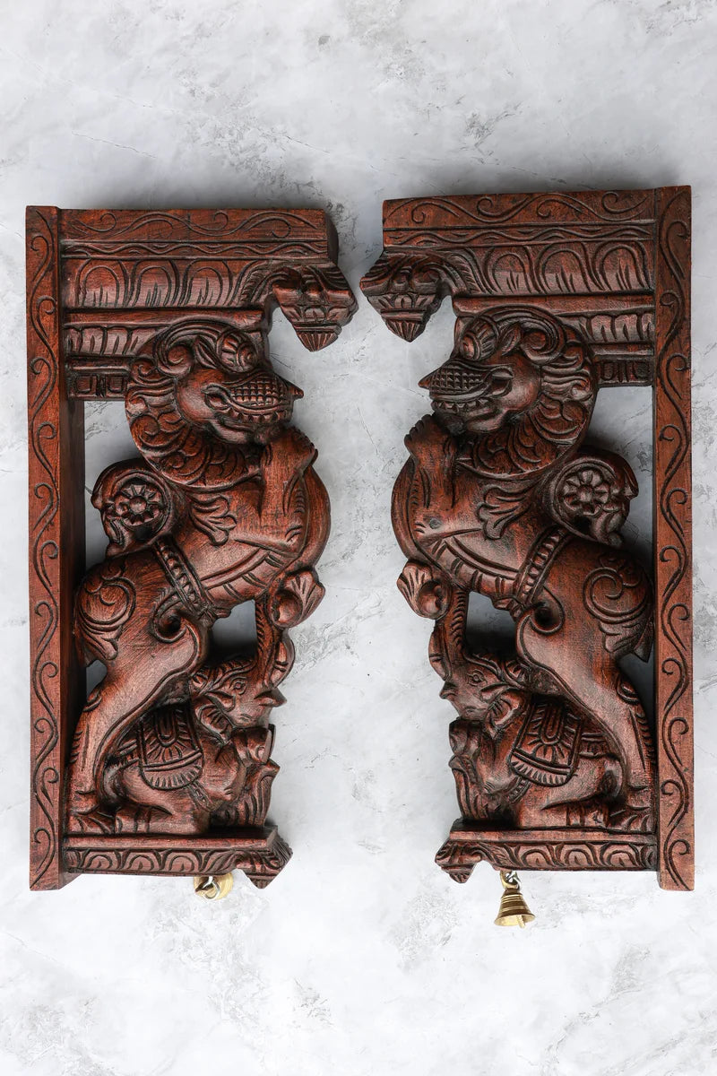 18″ Temple-Style Yazhi Wall Brackets for Home Décor & Pooja | Handcrafted Wood Carving
