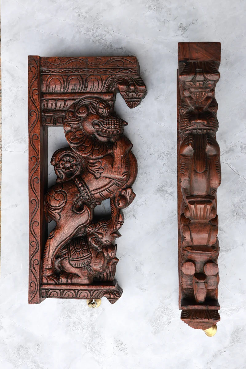 18″ Temple-Style Yazhi Wall Brackets for Home Décor & Pooja | Handcrafted Wood Carving