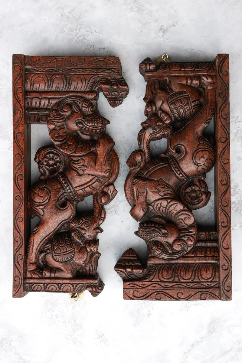 18″ Temple-Style Yazhi Wall Brackets for Home Décor & Pooja | Handcrafted Wood Carving
