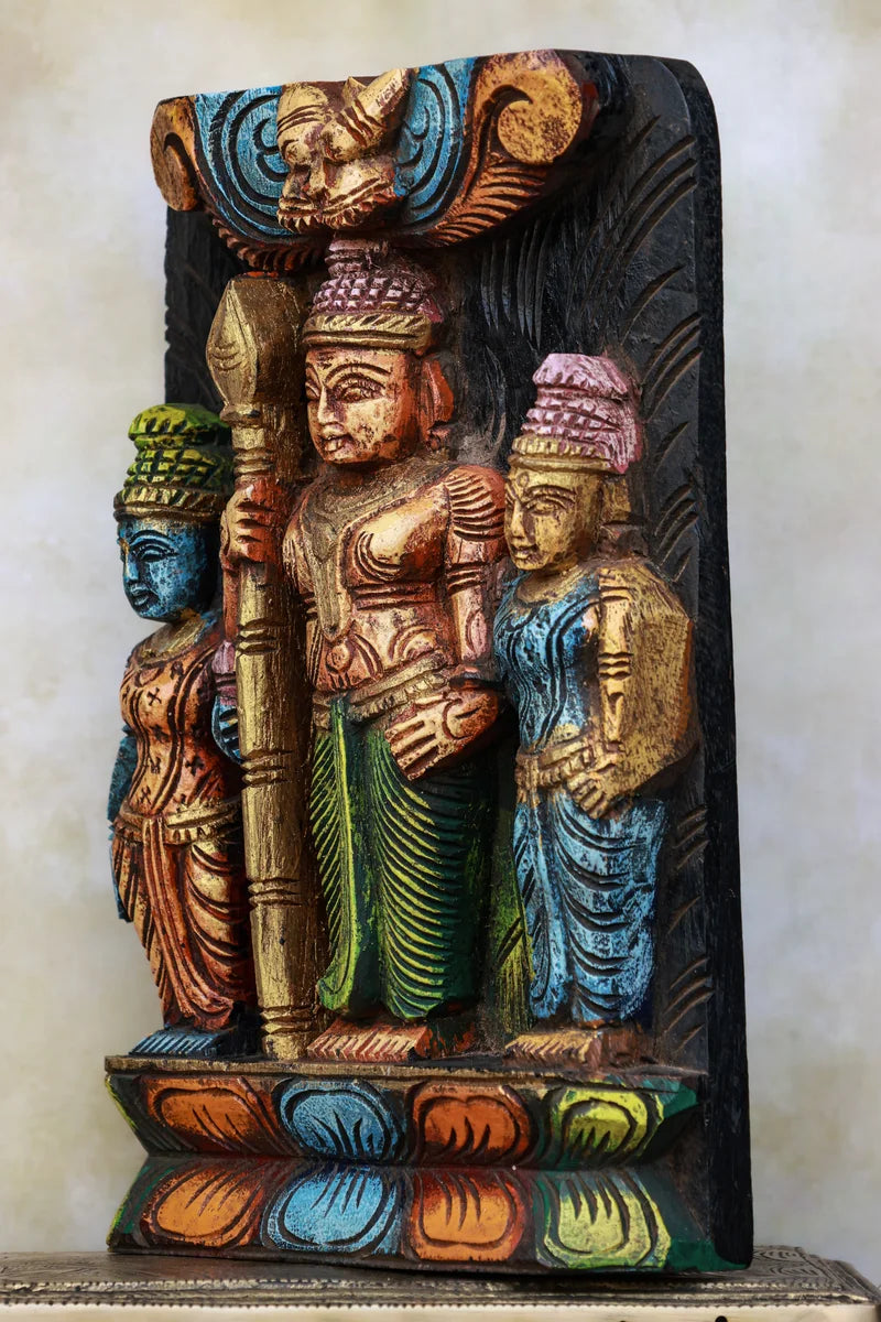 11″ Vibrant Murugan with Valli & Deivanai Wall Hanging for Pooja & Home Décor | Handcrafted Wood Carving | Antique Colour Finish