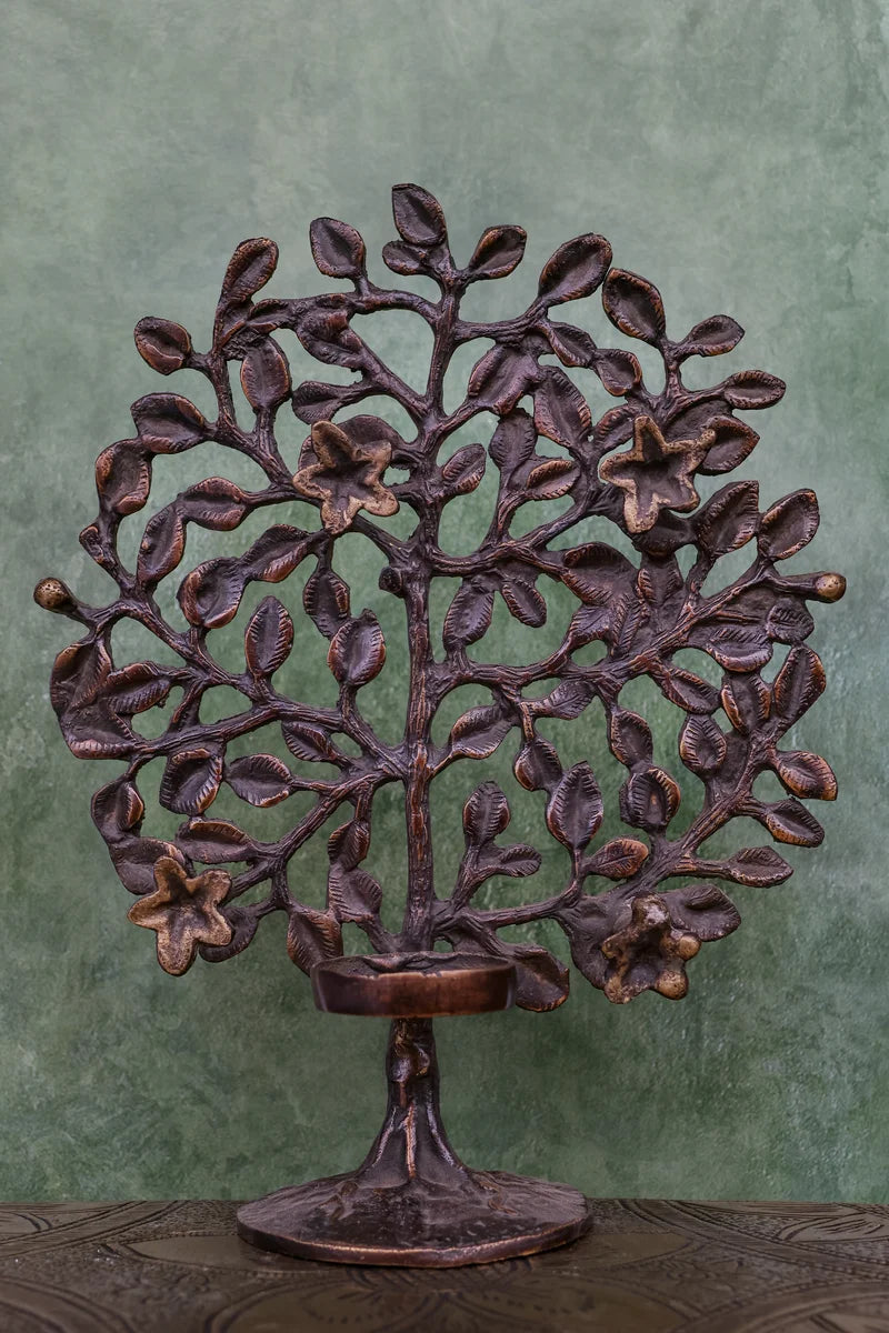6″ Decorative Tree with Lamp Stand | Handcrafted Brass | Antique Brown Finish