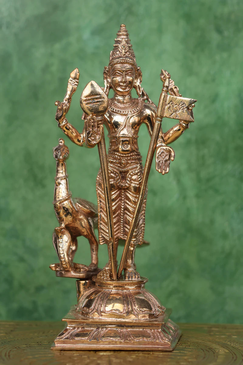 5.5″ Lord Murugan with Vel &amp; Peacock | Handcrafted Panchaloha