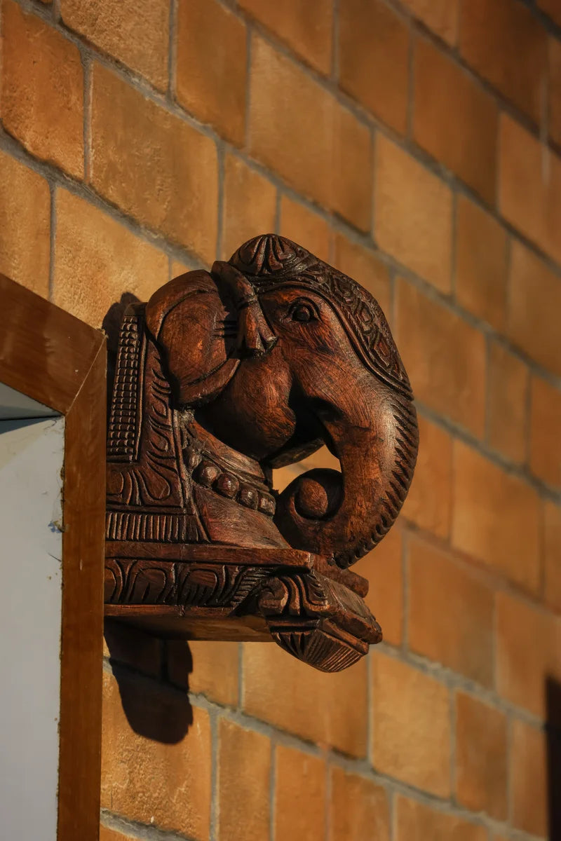 8″ Classic Elephant Head Wall Brackets for Home Décor | Handcrafted Wood Carving