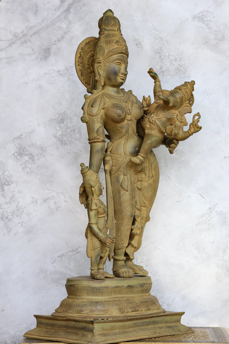 28.5″ Parvati With Murugan & Ganesh (Divine Mother) | Handcrafted Brass | Green Stone Finish — view 3