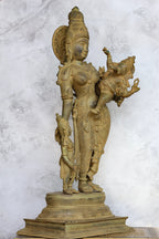 28.5″ Parvati With Murugan & Ganesh (Divine Mother) | Handcrafted Brass | Green Stone Finish — view 3