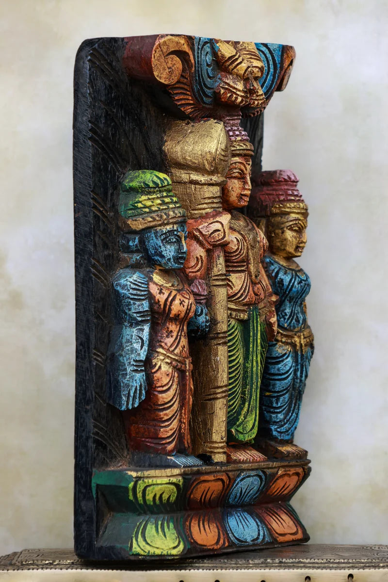 11″ Vibrant Murugan with Valli & Deivanai Wall Hanging for Pooja & Home Décor | Handcrafted Wood Carving | Antique Colour Finish