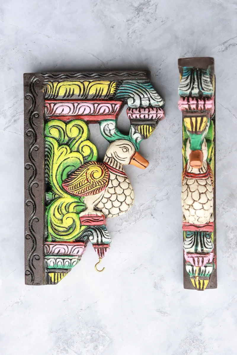 12″ Artistic Parrot Wall Brackets for Home Décor | Handcrafted Wood Carving | Antique Colour Finish