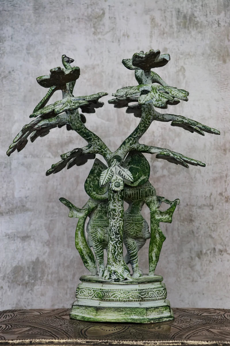 10″ Divine Radha Krishna Under Tree | Handcrafted Brass | Green Stone Finish