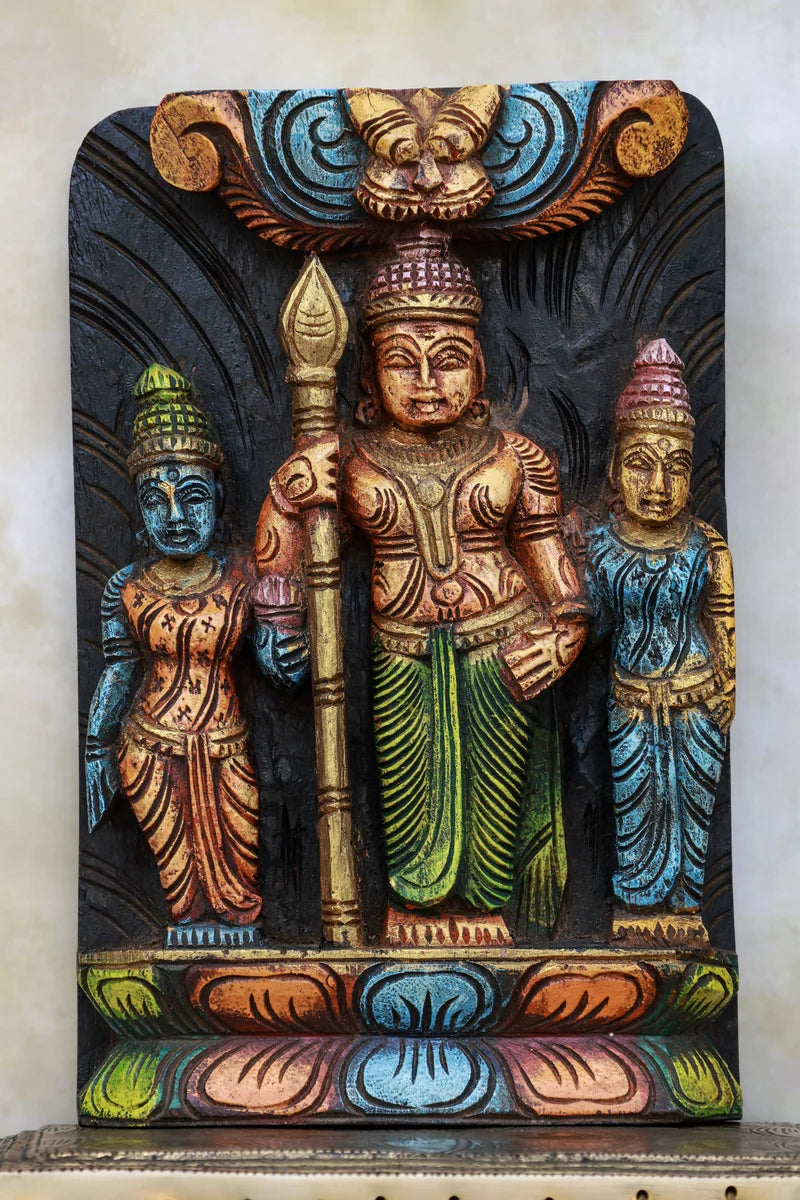 11″ Vibrant Murugan with Valli & Deivanai Wall Hanging for Pooja & Home Décor | Handcrafted Wood Carving | Antique Colour Finish