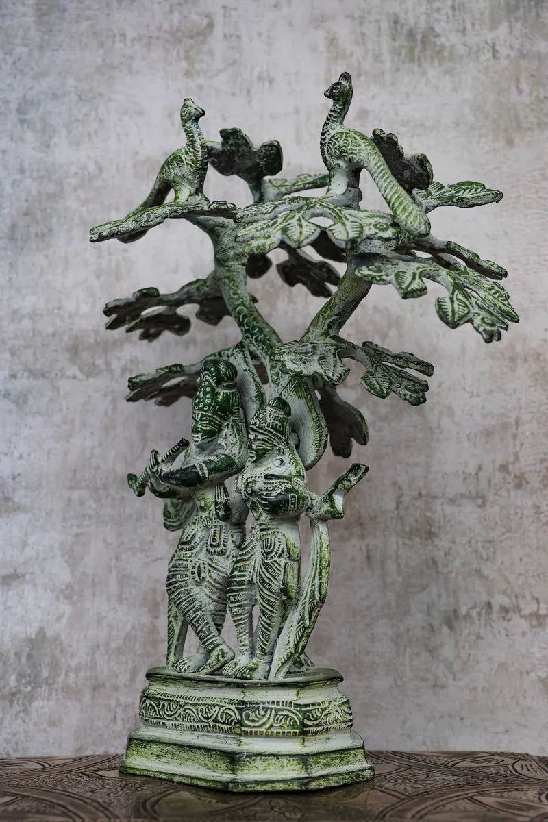 10″ Divine Radha Krishna Under Tree | Handcrafted Brass | Green Stone Finish