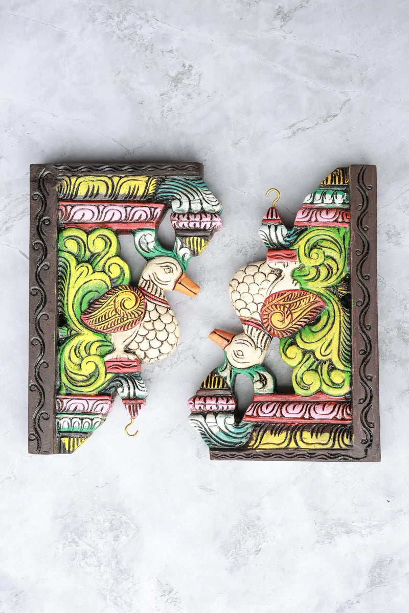 12″ Artistic Parrot Wall Brackets for Home Décor | Handcrafted Wood Carving | Antique Colour Finish