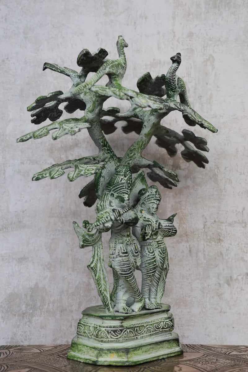 10″ Divine Radha Krishna Under Tree | Handcrafted Brass | Green Stone Finish