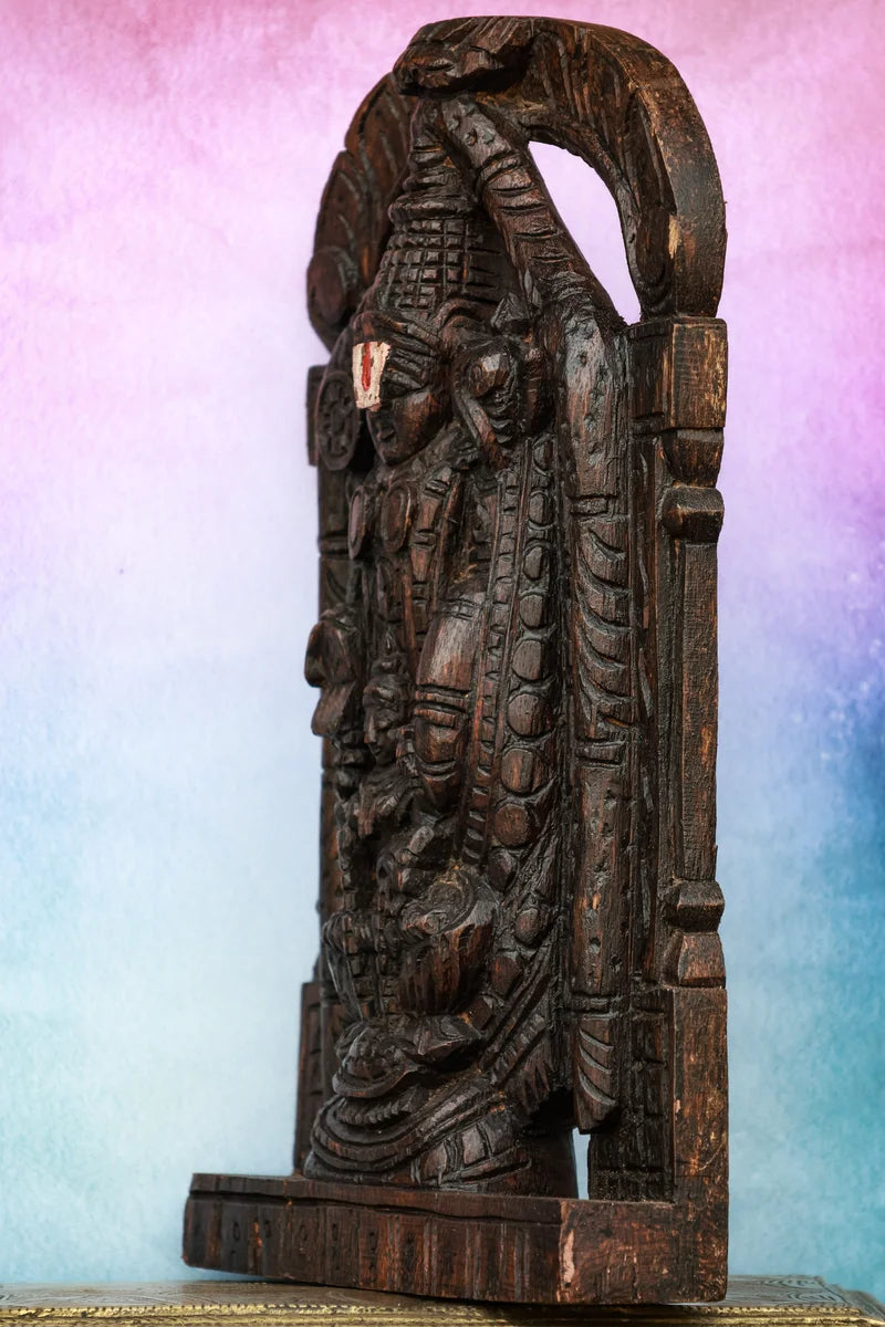 12″ Sacred Tirupathi Balaji with Lakshmi Wall Hanging for Pooja & Home Décor | Handcrafted Wood Carving