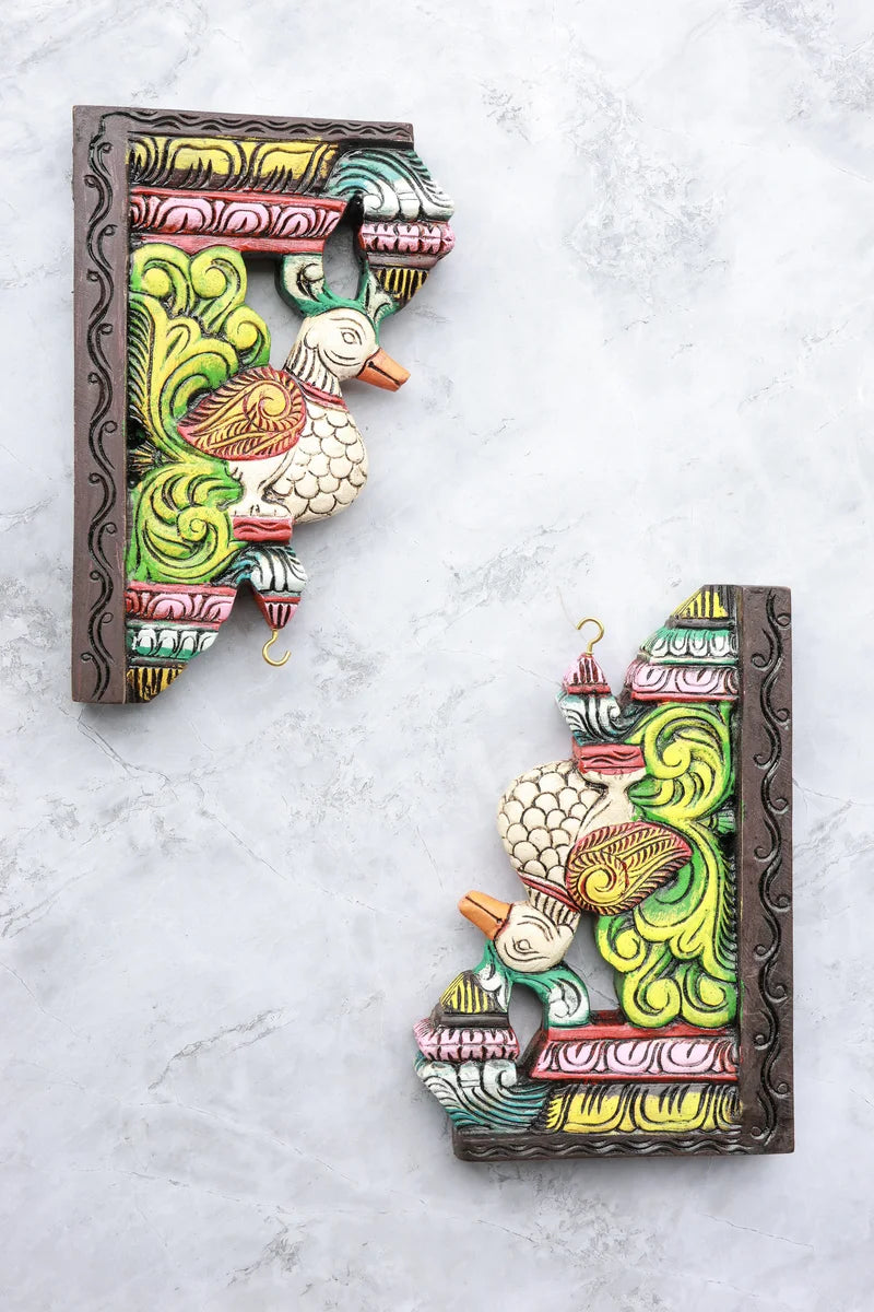 12″ Artistic Parrot Wall Brackets for Home Décor | Handcrafted Wood Carving | Antique Colour Finish
