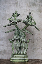 10″ Divine Radha Krishna Under Tree | Handcrafted Brass | Green Stone Finish