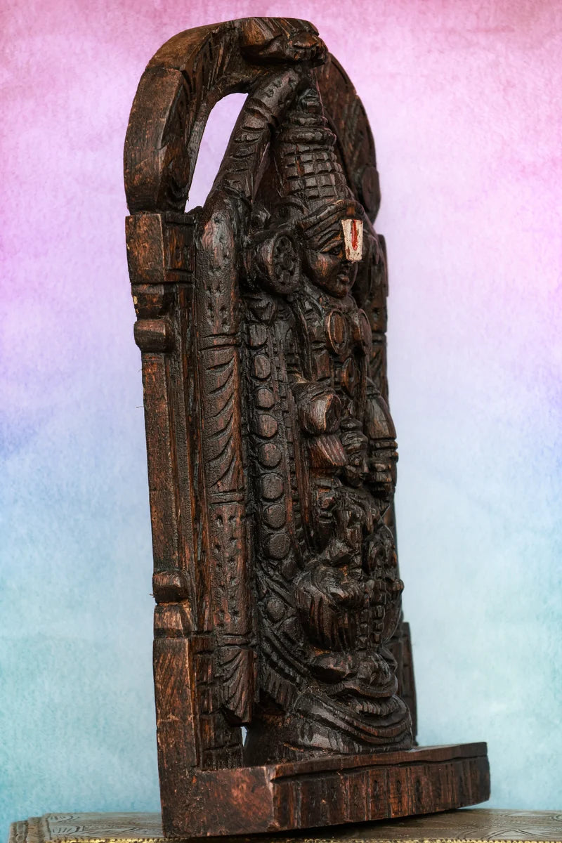 12″ Sacred Tirupathi Balaji with Lakshmi Wall Hanging for Pooja & Home Décor | Handcrafted Wood Carving