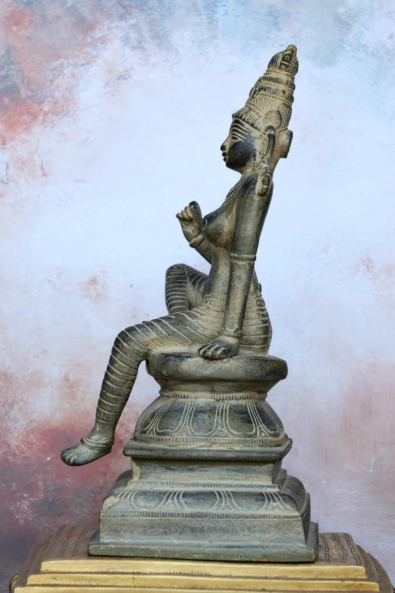 10″ Bogasakthi (Sitting Parvati) | Handcrafted Brass | Gray Stone Finish — view 4