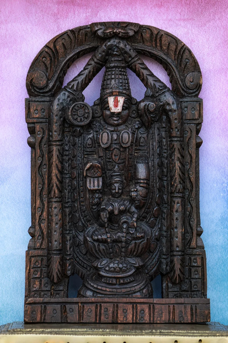 12″ Sacred Tirupathi Balaji with Lakshmi Wall Hanging for Pooja & Home Décor | Handcrafted Wood Carving