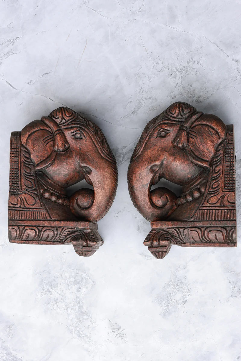 8″ Classic Elephant Head Wall Brackets for Home Décor | Handcrafted Wood Carving