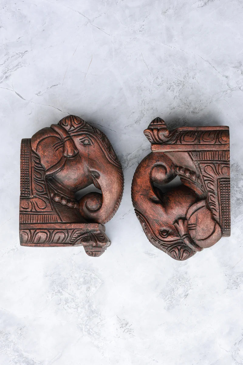 8″ Classic Elephant Head Wall Brackets for Home Décor | Handcrafted Wood Carving