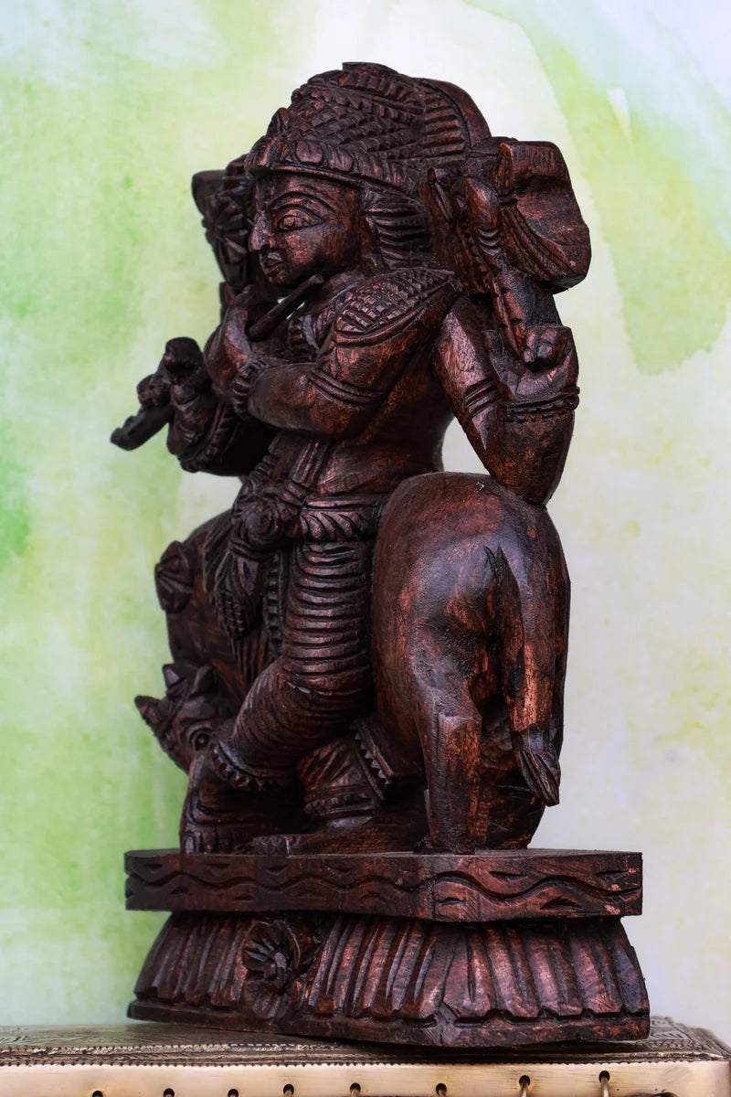 12″ Graceful Flute Krishna Idol for Pooja & Home Décor | Handcrafted Wood Carving