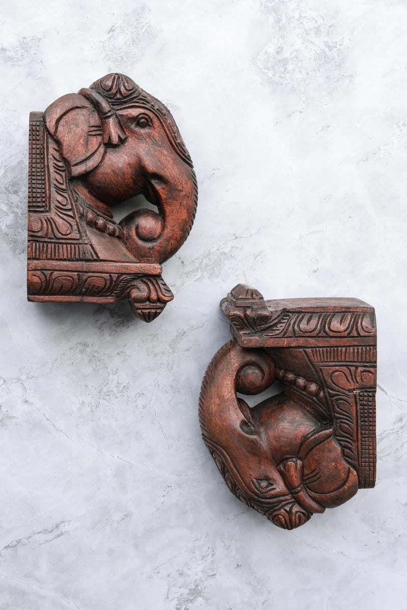 8″ Classic Elephant Head Wall Brackets for Home Décor | Handcrafted Wood Carving