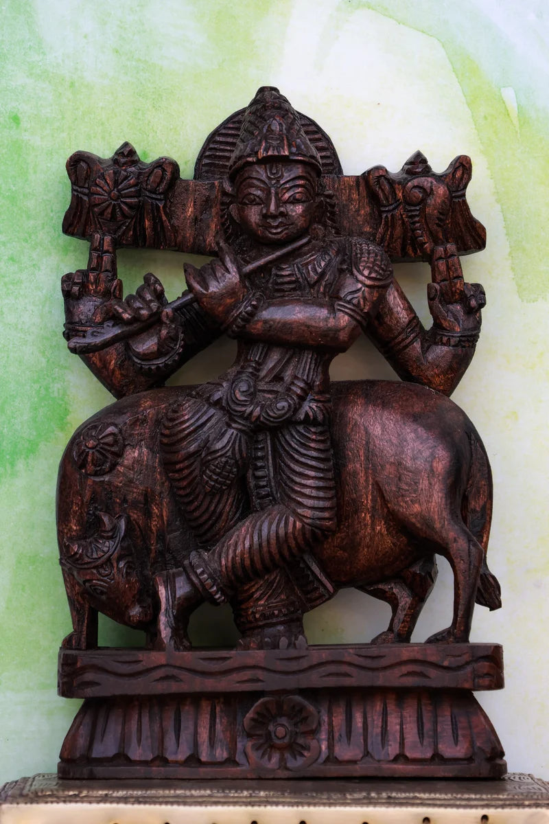 12″ Graceful Flute Krishna Idol for Pooja & Home Décor | Handcrafted Wood Carving