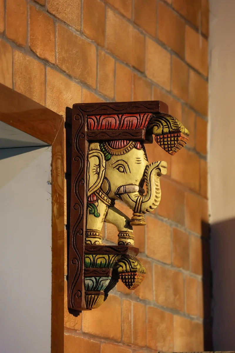 12″ Traditional Elephant Wall Brackets for Home Décor | Handcrafted Wooden Carving
