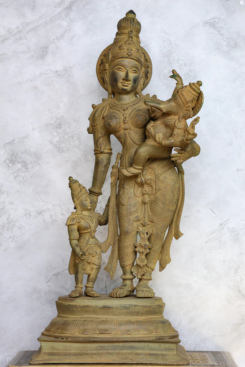 28.5″ Parvati With Murugan & Ganesh (Divine Mother) | Handcrafted Brass | Green Stone Finish