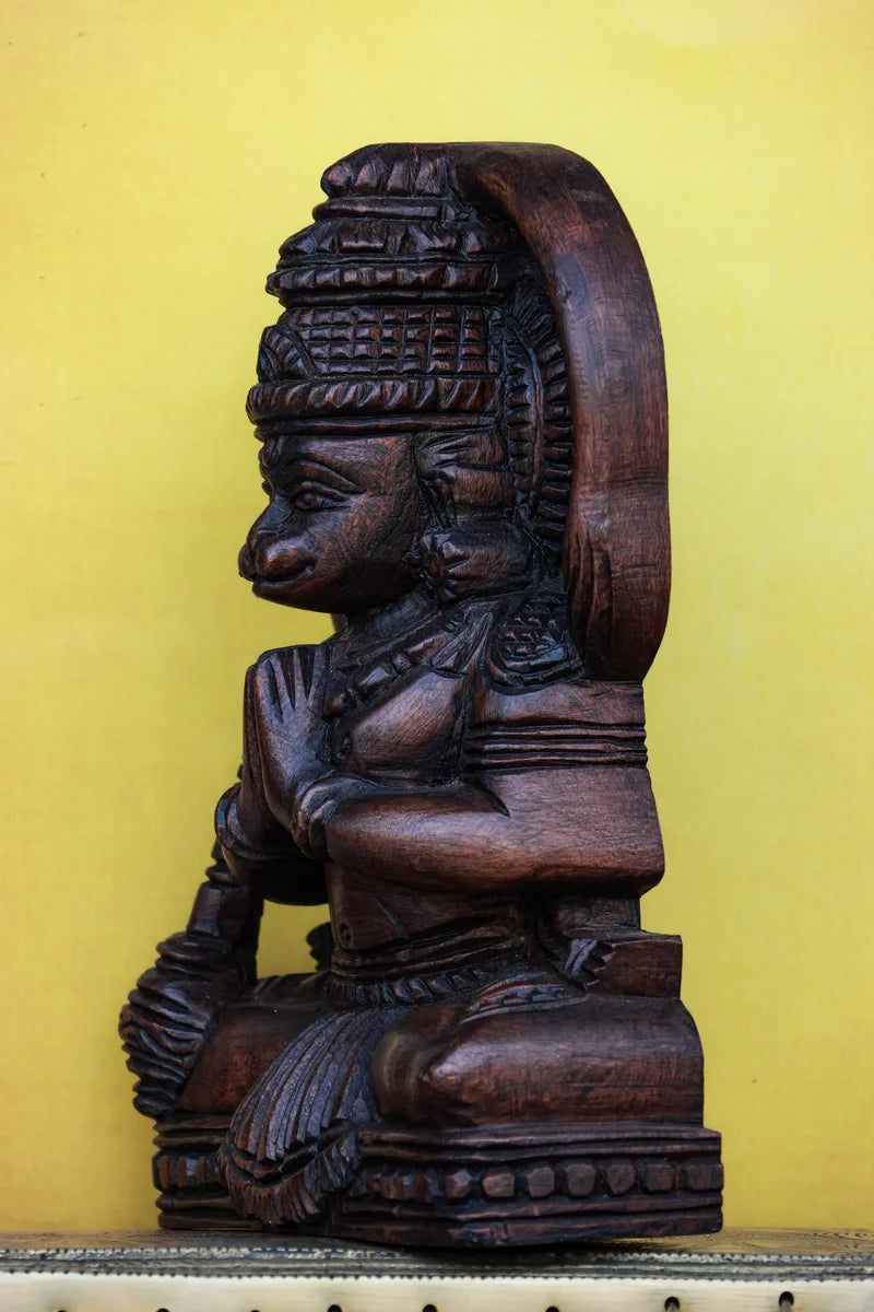 9″ Serene Sitting Hanuman Idol for Pooja & Home Décor | Handcrafted Wood Carving