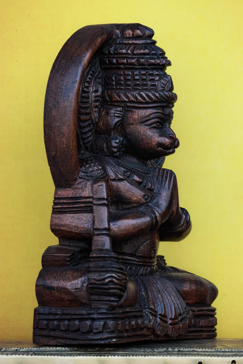 9″ Serene Sitting Hanuman Idol for Pooja & Home Décor | Handcrafted Wood Carving