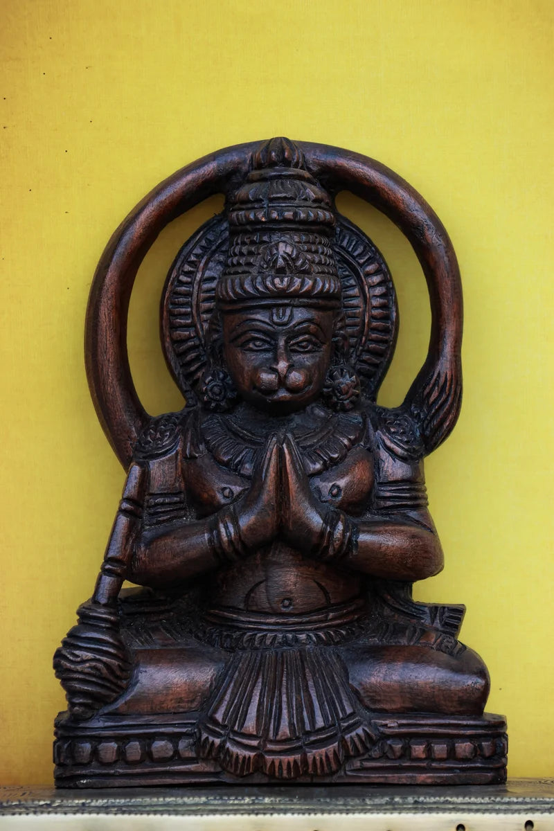 9″ Serene Sitting Hanuman Idol for Pooja & Home Décor | Handcrafted Wood Carving