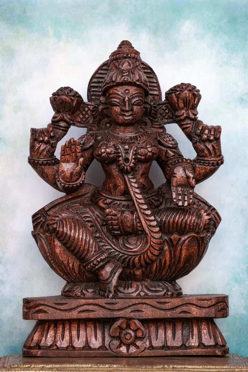 12″ Graceful Lakshmi Idol for Pooja & Home Décor | Handcrafted Wood Carving