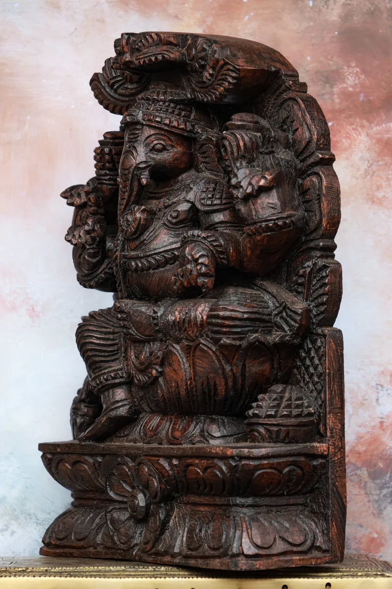 12″ Majestic Ganesha with Arch Wall Hanging for Pooja & Home Décor | Handcrafted Wood Carving