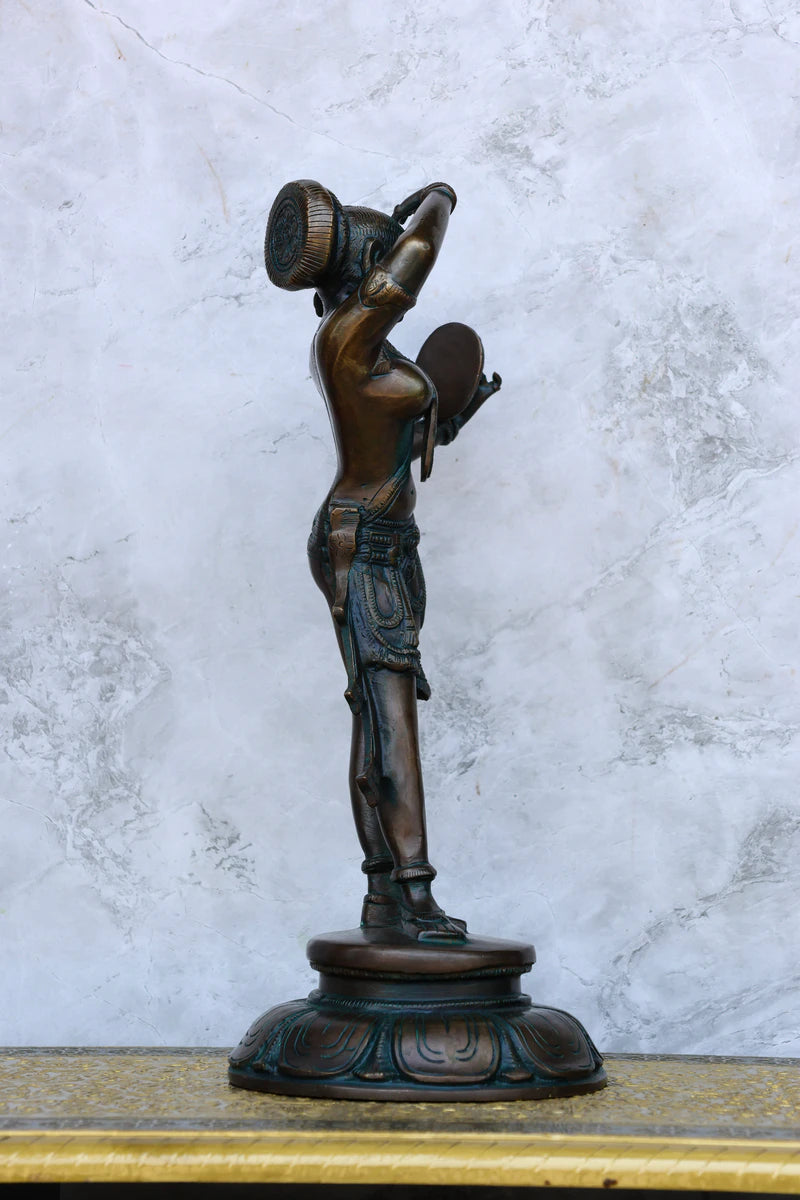 13″ Lady with Mirror Showpiece | Handcrafted Brass | Antique Green Finish — view 4