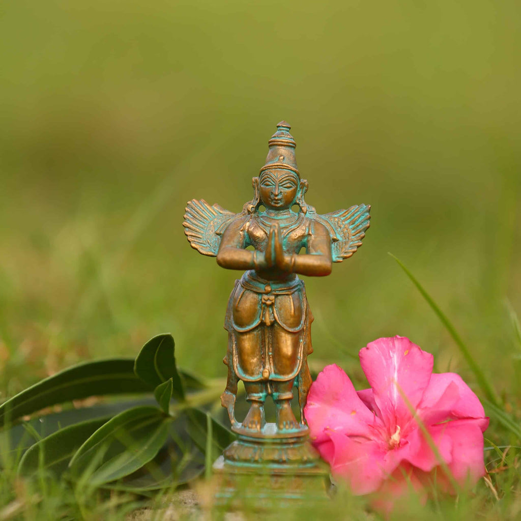 4″ Standing Garuda in Anjali Mudra | Handcrafted Panchaloha | Green Patina