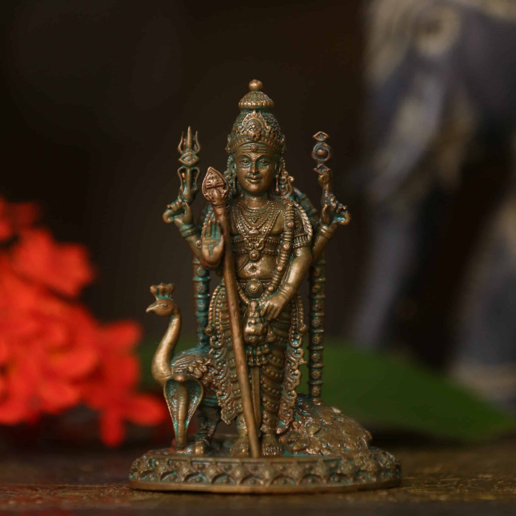 4″ Murugan Idol with Peacock | Handcrafted Panchaloha | Green Patina
