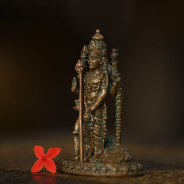 4″ Murugan Idol with Peacock | Handcrafted Panchaloha | Green Patina