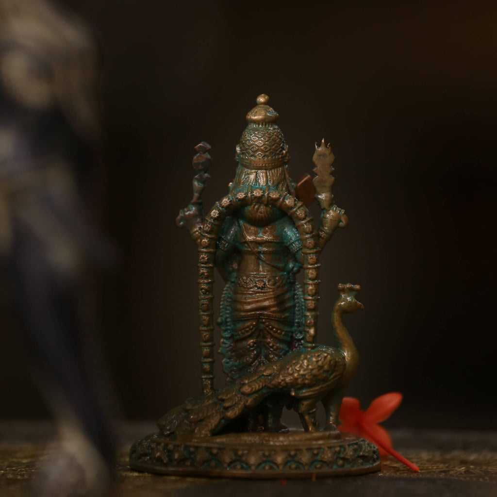 4″ Murugan Idol with Peacock | Handcrafted Panchaloha | Green Patina