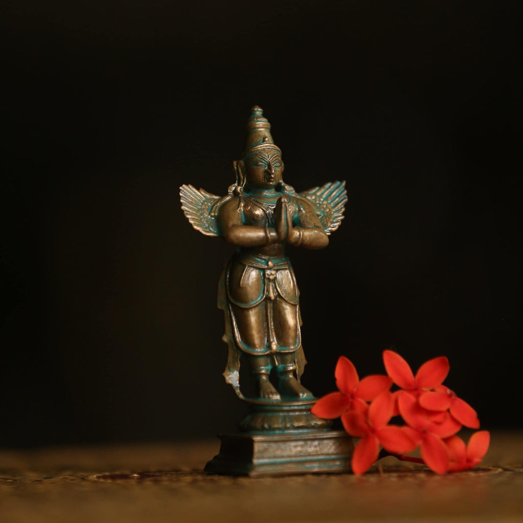 4″ Standing Garuda in Anjali Mudra | Handcrafted Panchaloha | Green Patina