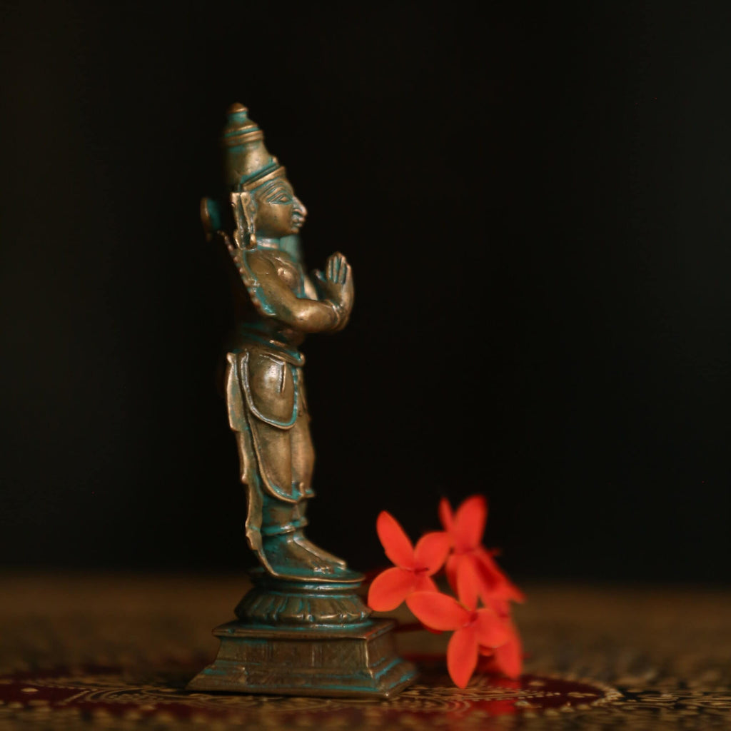 4″ Standing Garuda in Anjali Mudra | Handcrafted Panchaloha | Green Patina