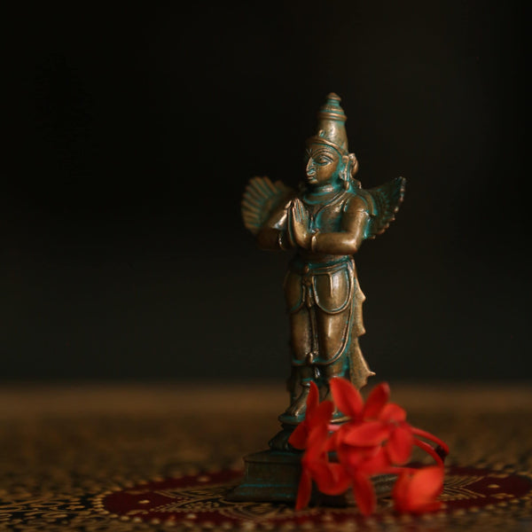 4″ Standing Garuda in Anjali Mudra | Handcrafted Panchaloha | Green Patina