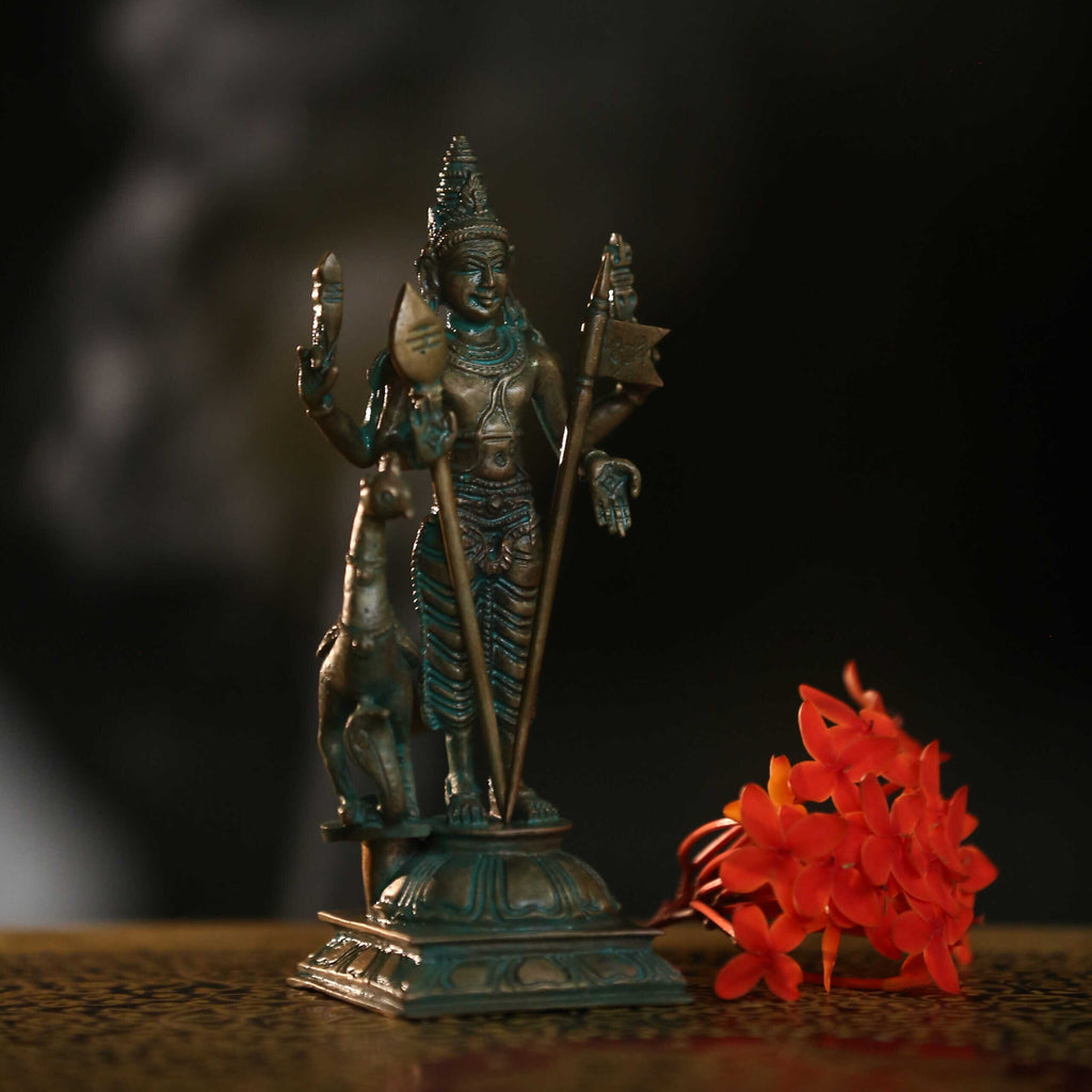5.5″ Lord Murugan with Vel &amp; Peacock | Handcrafted Panchaloha | Green Patina