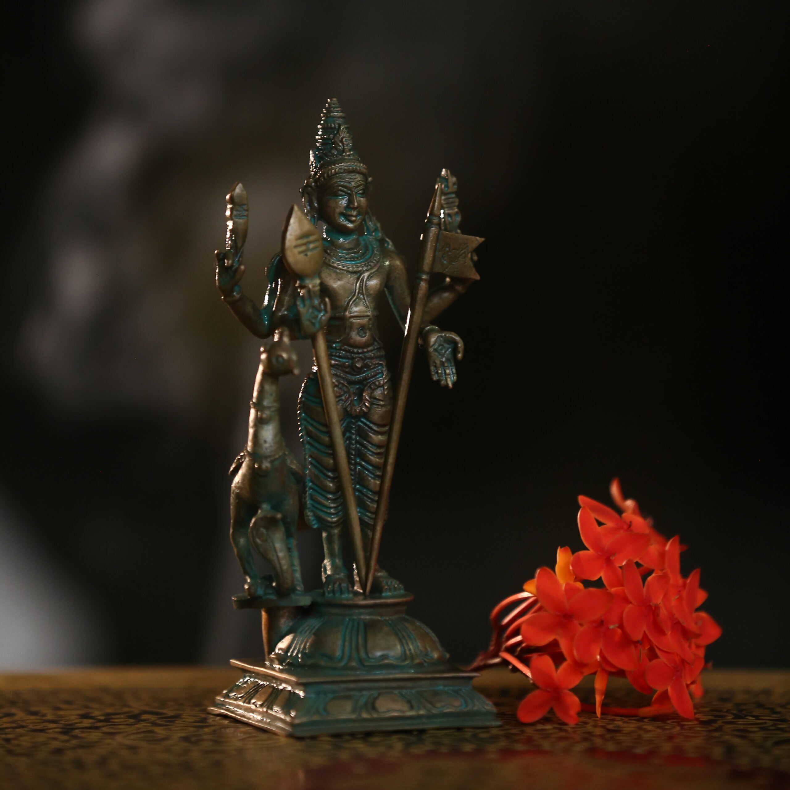 5.5″ Lord Murugan with Vel &amp; Peacock | Handcrafted Panchaloha | Green Patina